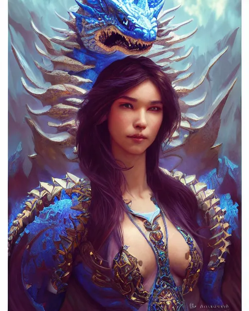 Image similar to Portrait of a Fantasy azure dragon, HD, illustration, epic, D&D, fantasy, intricate, elegant, highly detailed, digital painting, artstation, concept art, smooth, sharp focus, illustration, art by artgerm and greg rutkowski and alphonse mucha, monster hunter illustrations art book