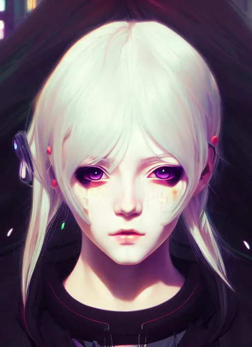 Image similar to portrait Anime girl cyberpunk, cute-fine-face, white-hair pretty face, realistic shaded Perfect face, fine details. Anime, cyberpunk. realistic shaded lighting by Ilya Kuvshinov and Gustav Klimt