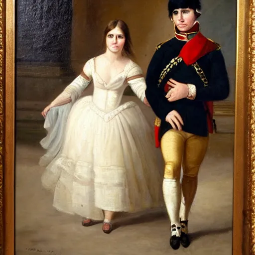 Image similar to an oil panting of a young napoleon with her girlfriend, walking in paris