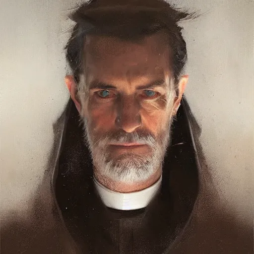 Image similar to An oil painting of a man dressed as a priest in his forties, beautiful and sharp face, dark brown hair with streaks of grey in it, highly detailed, by Greg Rutkowski, trending on artstation