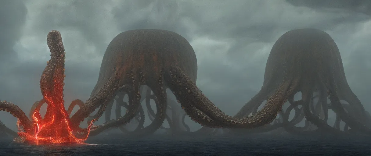 Image similar to a giant octopus god floating over a rain forest, lightning, ambient sun, a volcano erupts, still from the movie the arrival, 8k