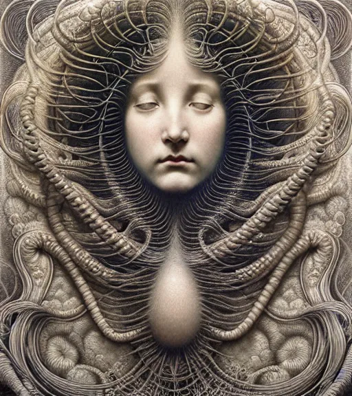 Image similar to detailed realistic beautiful cloud goddess face portrait by jean delville, gustave dore, iris van herpen and marco mazzoni, art forms of nature by ernst haeckel, art nouveau, symbolist, visionary, gothic, neo - gothic, pre - raphaelite, fractal lace, intricate alien botanicals, ai biodiversity, surreality, hyperdetailed ultrasharp octane render