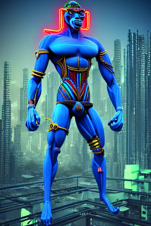 Prompt: high quality 3 d render stylized mischievous cyborg muscular man monkey blue hybrid, neon madhubani, highly detailed, cyberpunk!! mumbai in the background, unreal engine cinematic smooth, szukalski ravi varma, moody light, low angle, uhd 8 k, sharp focus