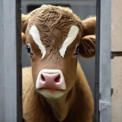 Image similar to cute calf with big eyes dressed as an inmate inside a jailcell