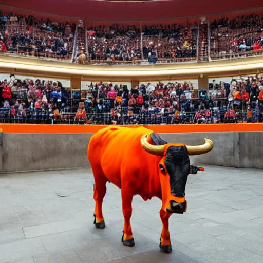 Image similar to bull in a bullring wearing orange prisoner clothes