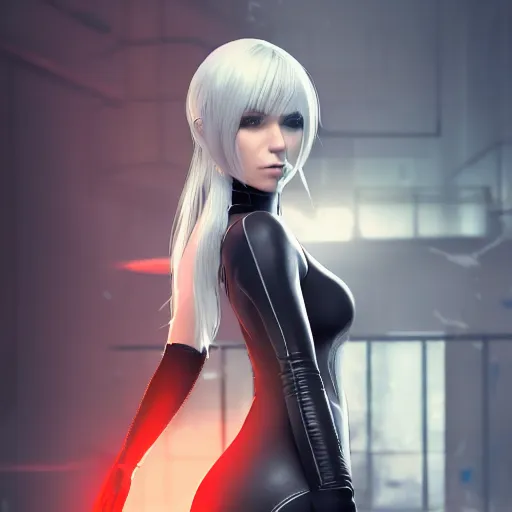 Image similar to portrait of 2B nier automata wearing skin tight clothes, gameplay screenshot from the video game Half life 2, digital art, trending on Artstation, CGSociety