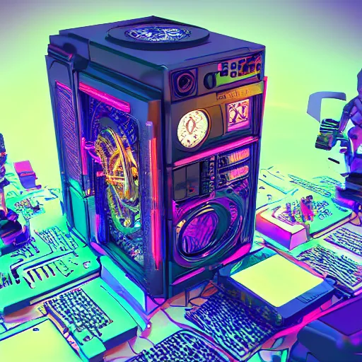 Image similar to album art, album is called tripmachine, write big text tripmachine, photo of a huge futuristic steampunk machinery inside a computer, 8 k, fluorescent colors, halluzinogenic, multicolored, exaggerated detailed, front shot, 3 d render, octane