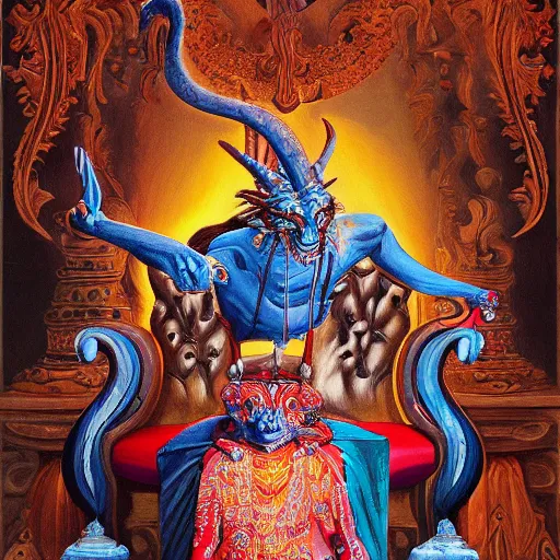 Image similar to a beautiful painting of a demon sitting on top of a chair, a high detailed painting by ram chandra shukla, by ali akbar sadeghi, pixiv contest winner, bengal school of art, symmetrical, coherent, maximalist, trending on artstation