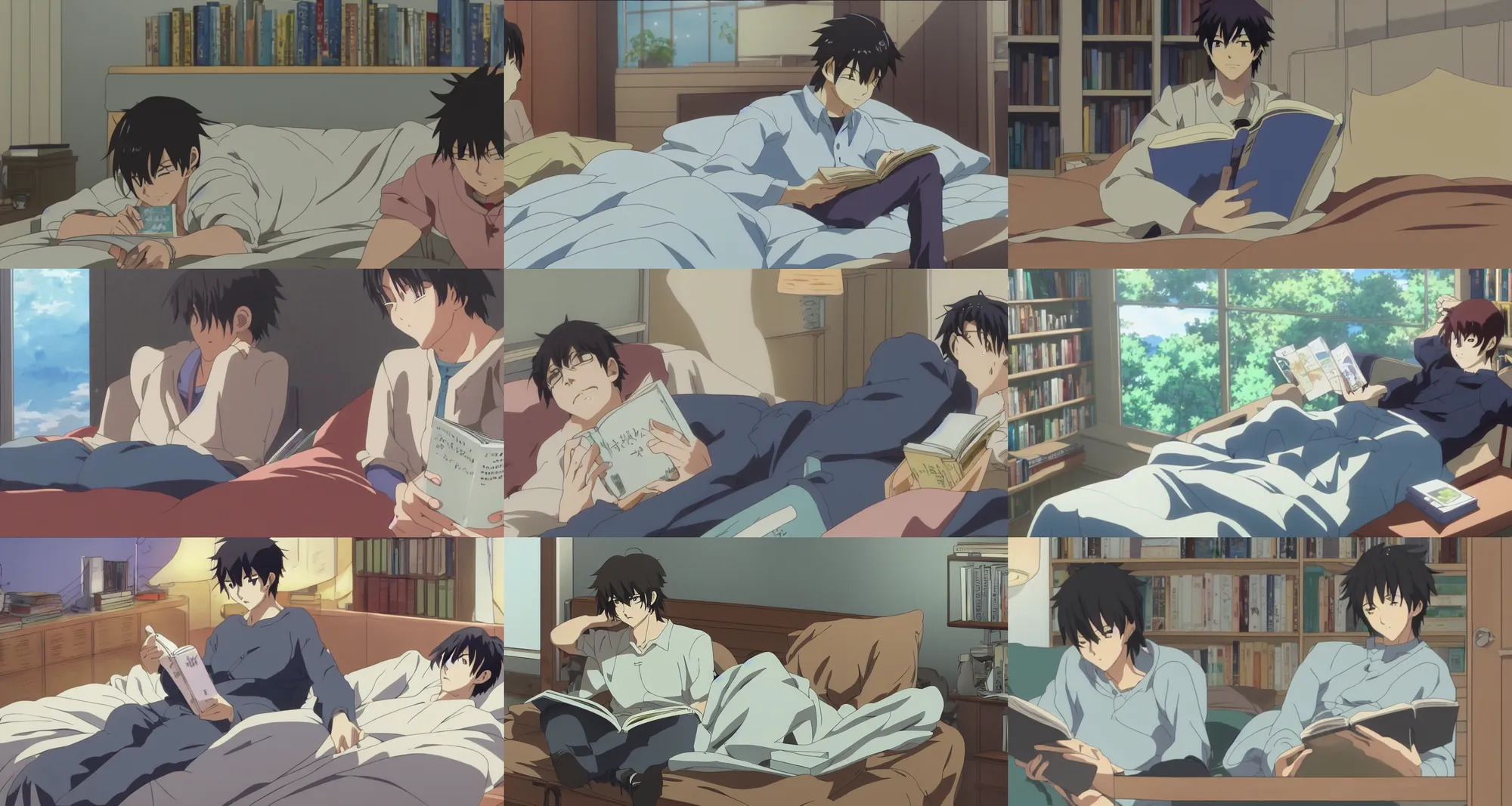 Prompt: screenshot from the anime film by makoto shinkai, male reading manga in bedroom with bookshelf