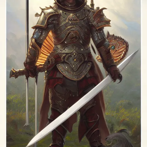 Image similar to anthropomorphic shiba inu, holy paladin armor, holding dragon slayer sword and shield, fantasy, holy light, portrait art by donato giancola and greg rutkowski, realistic face, visible holy aura, digital art, trending on artstation, symmetry