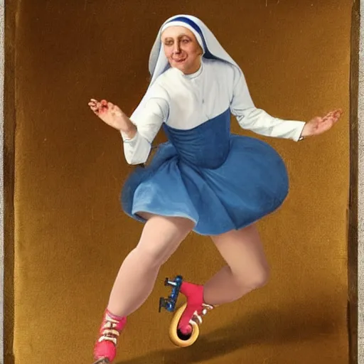 Image similar to blonde nun in blue clothes on roller skates, body shot, in the style of michaelangelo