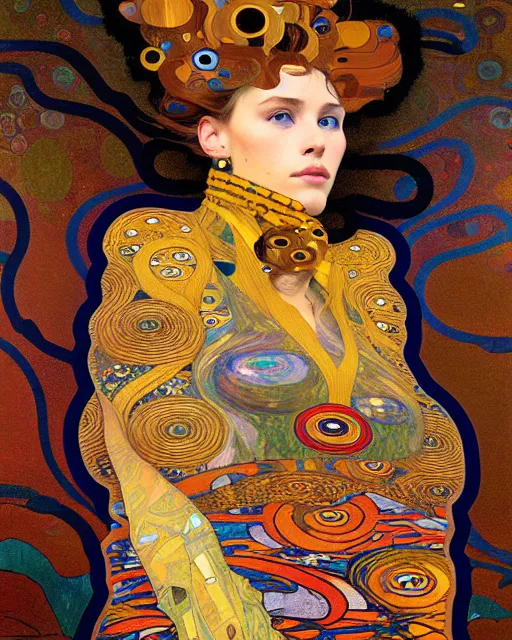 Image similar to cool cat portrait an oil painting splashes with many colors and shapes by gustav klimt greg rutkowski and alphonse mucha, polycount, generative art, psychedelic, fractalism, glitch art