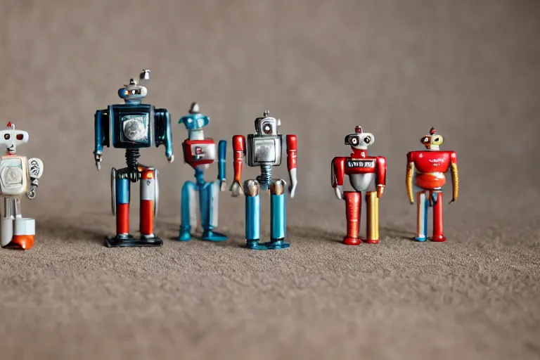 Image similar to miniature figurines of 1 9 5 0 s robot toys, tilt shift, product photography