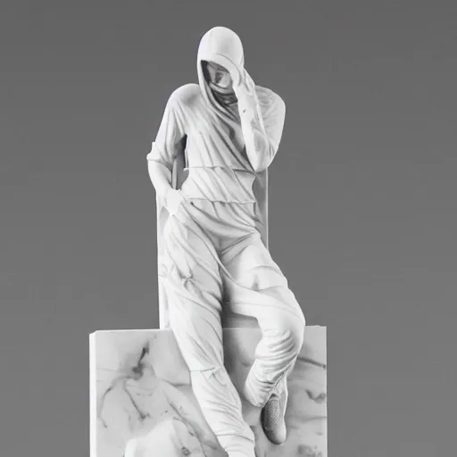 Prompt: white marble statue of a beautiful woman with colorful motocross logos in the style of virgil abloh, colored smoke clouds, very very beautiful, detailed, off white, heron preston, 8 k, 4 k, detailed, beautiful, symmetrical, vogue, editorial, fashion, magazine, museum lighting, museum, gallery