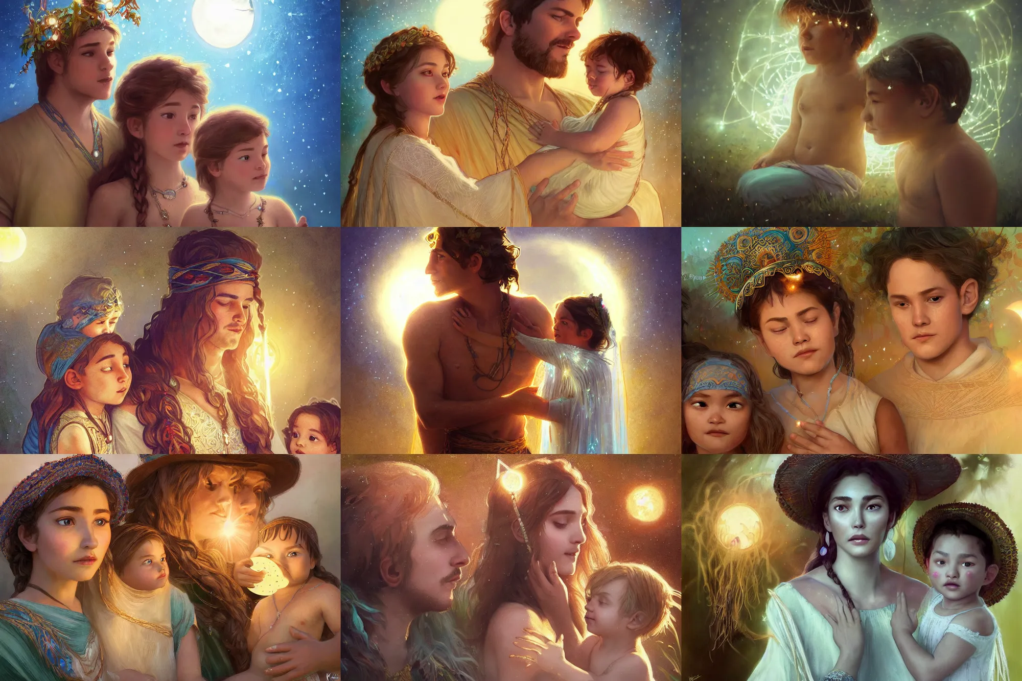 Prompt: a cinematic beautiful close up moment of a young sun god and moon goddess magician family with child facing the same way, portrait, wearing boho sunhat with string lights, family photography, Frozen Klaus film, digital painting, artstation, concept art, illustration, Frozen II art masterpiece by art by Krenz Cushart, Artem Demura, alphonse mucha, yoji shinkawa, ArtGerm, Jon Lothian, Danilo Torres, Adi Meyers, Thomas Reimann, Gaston Bussiere