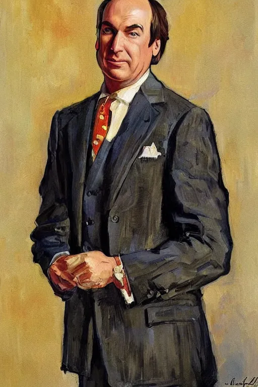 Image similar to saul goodman in colorful suit, painting by jc leyendecker!!, angular, brush strokes, painterly, vintage, crisp