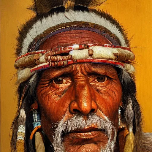 Image similar to high quality high detail painting by lucian freud, hd, portrait of a indian tribe leader, photorealistic lighting