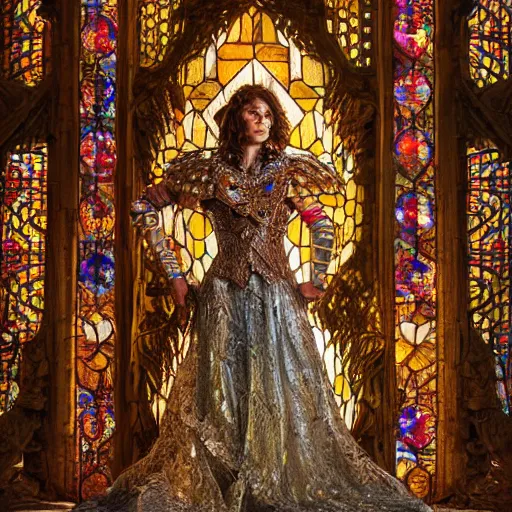 Prompt: a regal brown woman wearing an intricate and detailed armor made of stained glass. by antoni gaudi. reflections. colorful light shafts. textures. delicate. translucent. studio portrait. photorealistic. octane render