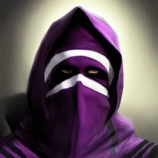 Image similar to ultra realistic illustration, man in a black hood, in a striped purple balaclava, mysterious, highly detailed, digital painting, artstation, concept art, smooth, sharp focus, illustration