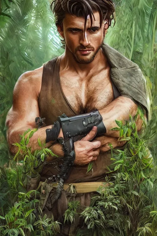 Image similar to handsome man as Rambo, wavy hairstyle, masculine figure, highly detailed, in a magical lush field of overgrown plants, digital painting, artstation, concept art, smooth, sharp focus, illustration, cinematic lighting, art by artgerm and greg rutkowski and alphonse mucha