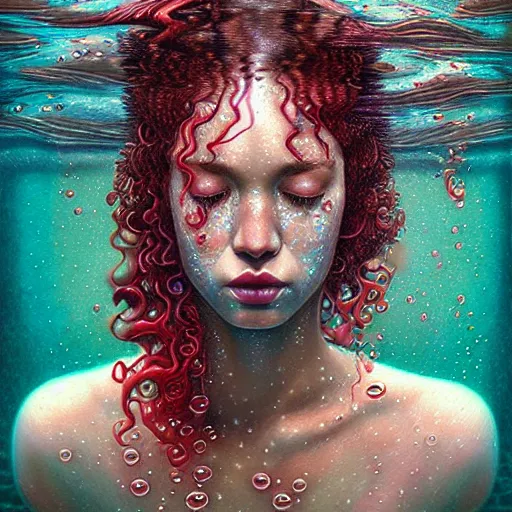 Image similar to wet beautiful face of a woman with red curly submerged in water and Casey Weldon and Chie Yoshii, particulate, water bubbles, rich colors, intricate, elegant, highly detailed, centered, digital painting, artstation, concept art, smooth, sharp focus, illustration, octane render