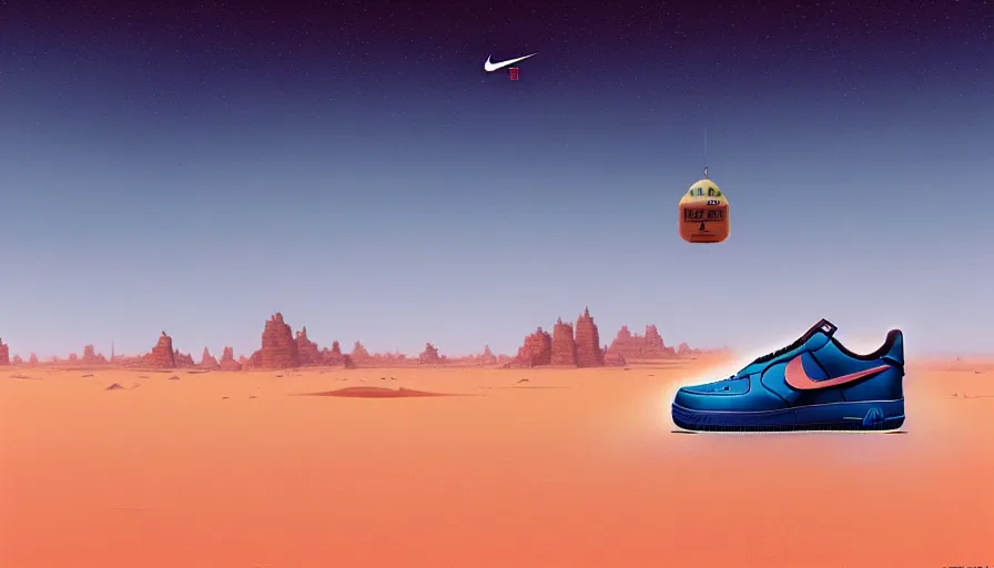 Image similar to a beautiful matte painting of nike air force 1 shoe in desert of morocco, simon stalenhag and jakub rozalski and alan bean, trending on artstation, realistic rendering
