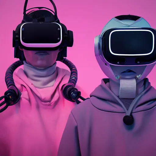 Image similar to intense futuristic bespoke vr headset respirator on a set of twin ninja hypebeasts, by ilya kuvshinov and james jean and sorayama and ikeuchi and hiroya oku and gilleard james, artstation trending, 8 k, 3 d render, photorealistic, volumetric lighting caustics, pink