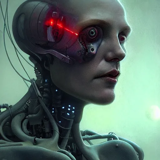 Image similar to horror digital concept art portrait of a high - tech cyborg on a depth of field background, artstation, award - winning realistic sci - fi concept art by jim burns and greg rutkowski, beksinski, a realism masterpiece, expressive color palette, james gilleard, bruegel, alphonse mucha, and yoshitaka amano