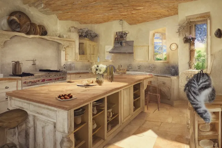 Image similar to Photography of Provence style kitchen with cat in the center, photorealism