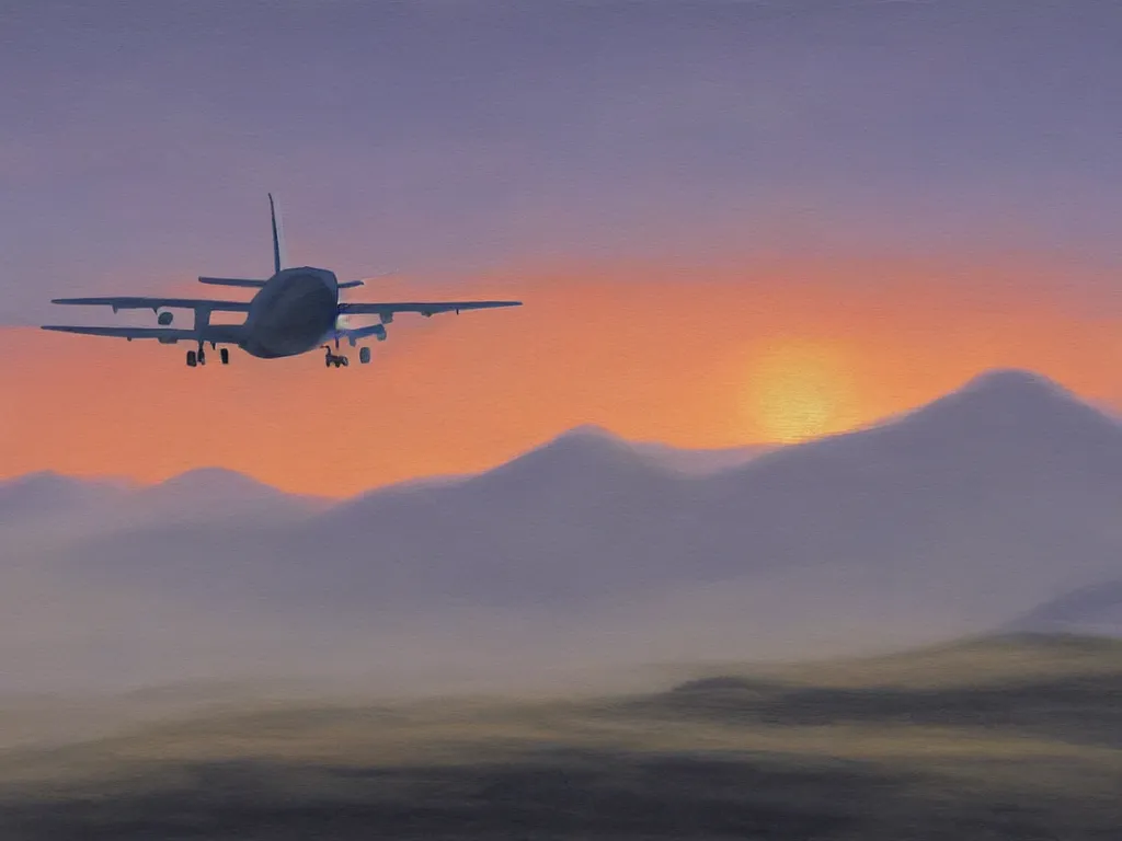 Prompt: single airbus airplane on runway at sunrise, mist. hills in the background. painting by moebius