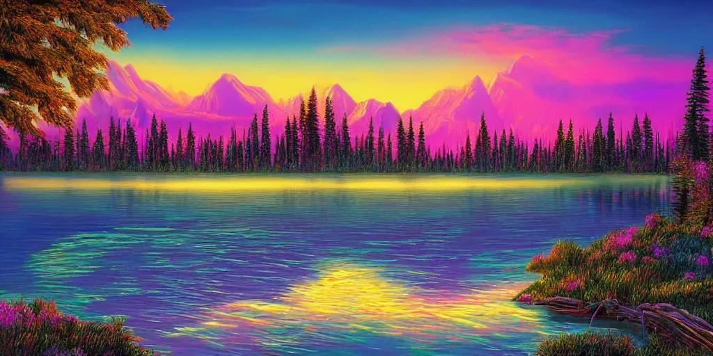 Image similar to beautiful award winning synthwave painting of a canadian lake, extreme detail, digital art, 4 k, ultra hd