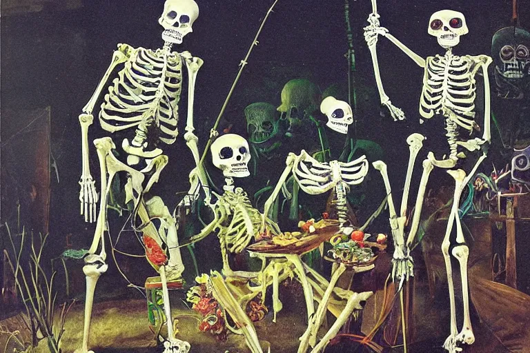 Prompt: scene from fishing, day of the dead, cyber skeleton, neon painting by otto dix