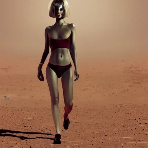 Prompt: A wide angle shot from below of a feminine body walking with swagger towards camera on mars in an infinite universe , synthwave digital art