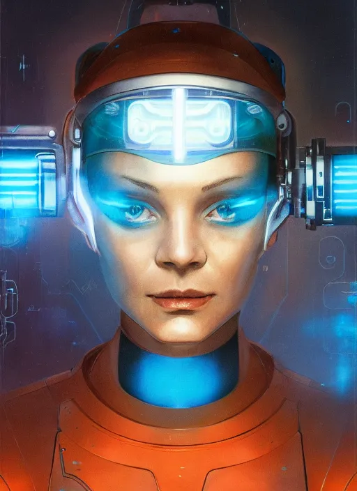 Image similar to symmetry portrait of a cyborg female scientist, visor, cinematic light, backlight glow, teal orange, mist, by gerald brom, by mikhail vrubel, by peter elson, muted colors, extreme detail, trending on artstation, 8 k