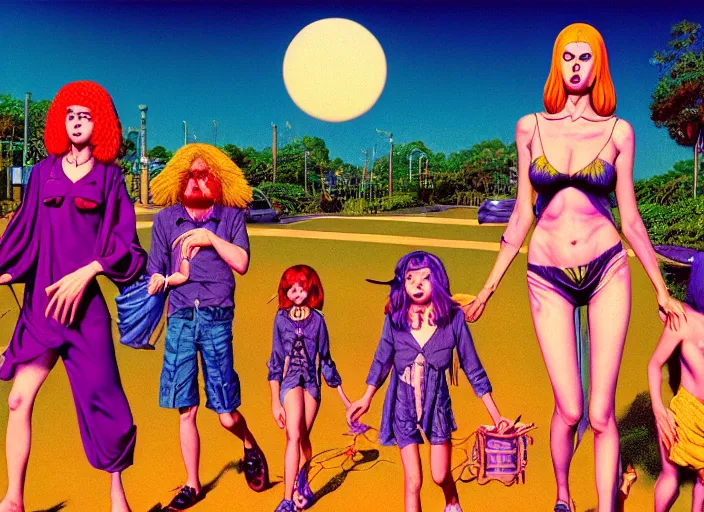 Image similar to photo of dadcore occult wizards and momcore witches on vacation, by richard corben by william eggleston, fujifilm velvia 5 0. masterpiece. intricate, hyper realism, high detail, octane render, unreal engine, 8 k, by katsuhiro otomo, full body character drawing, clean ink detailed line drawing, intricate detail, extremely detailed.