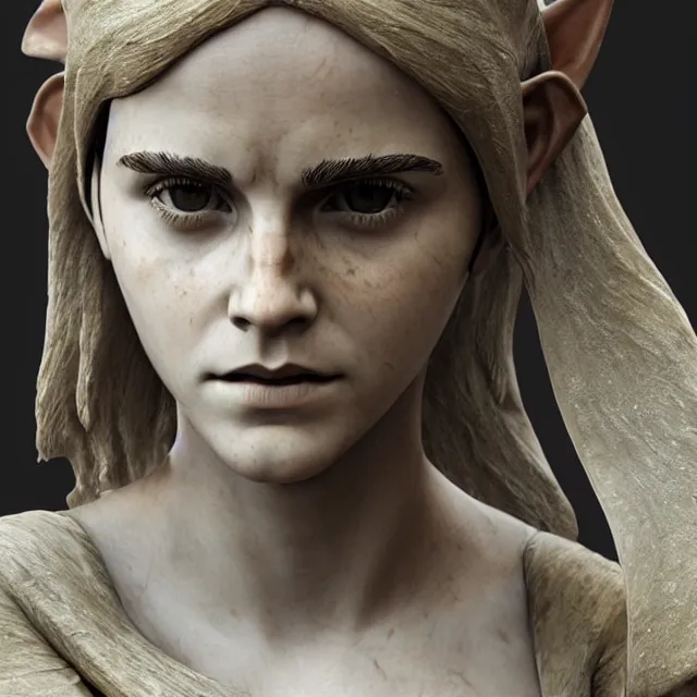 Image similar to marble sculpture of emma watson as an elf warrior, realistic, unreal engine render, octane render, hyper realistic, photo, 8 k, cinematic lighting