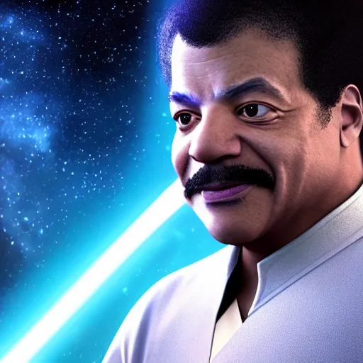 Prompt: accurate portrait of neil degrasse tyson as jedi holding light sword, disney star wars movies still, unreal engine render style, 8 k