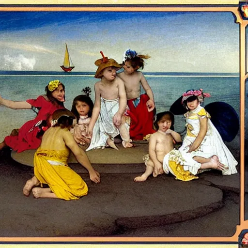 Prompt: Children with jester hats and clothes forming a circle on the front of a Balustrade with a beach and a sail boat on the background, major arcana cards, by paul delaroche, alphonse mucha and arnold böcklin arnold böcklin hyperrealistic 8k, very detailed