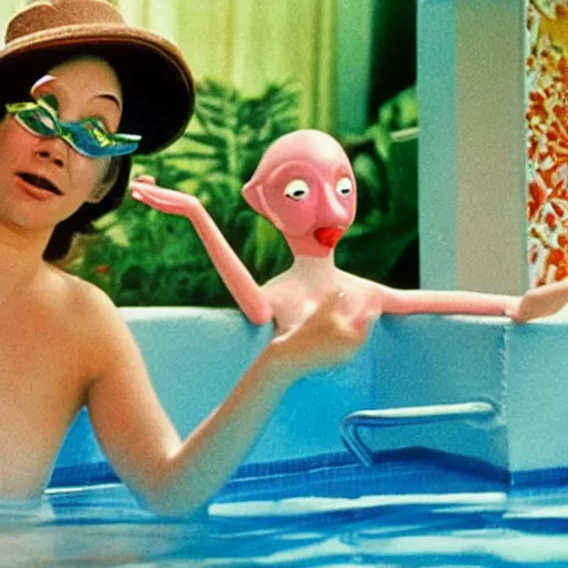 Image similar to a woman and her friend an anthropomorphic nostril in a swimming pool live-action childrens television show 1974 technicolor