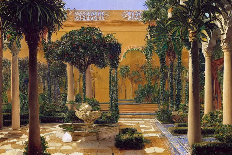 Image similar to painting of a beautiful moorish palace courtyard garden, by donato giancola and maxfield parrish and evelyn de morgan and rudolf ernst, patterned tilework, palm trees, tiled fountains, extremely detailed, cinematic lighting, smooth sharp focus