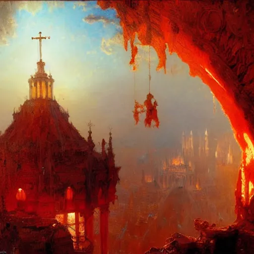 Image similar to a chapel's ceiling is broken in half as a red magical portal from hell opens up there. highly detailed painting by gaston bussiere, greg rutkowski 8 k