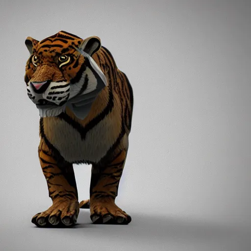 Prompt: anthropomorphized sabertooth tiger, 3d render, flat gray fur, polygon shapes