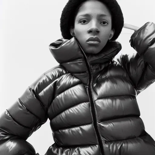 Image similar to realistic! photoshoot for a new balenciaga lookbook, color film photography, portrait of a beautiful woman wearing a puffer jacket, photo in style of tyler mitchell, 35mm