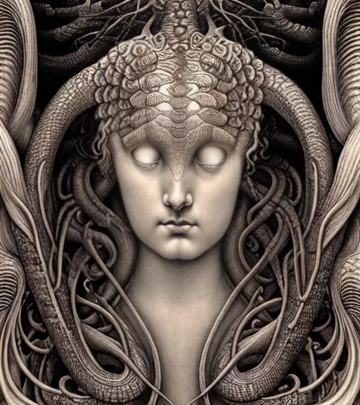 Image similar to detailed realistic beautiful serpent goddess face portrait by jean delville, gustave dore, iris van herpen and marco mazzoni, art forms of nature by ernst haeckel, art nouveau, symbolist, visionary, gothic, neo - gothic, pre - raphaelite, fractal lace, intricate alien botanicals, ai biodiversity, surreality, hyperdetailed ultrasharp octane render