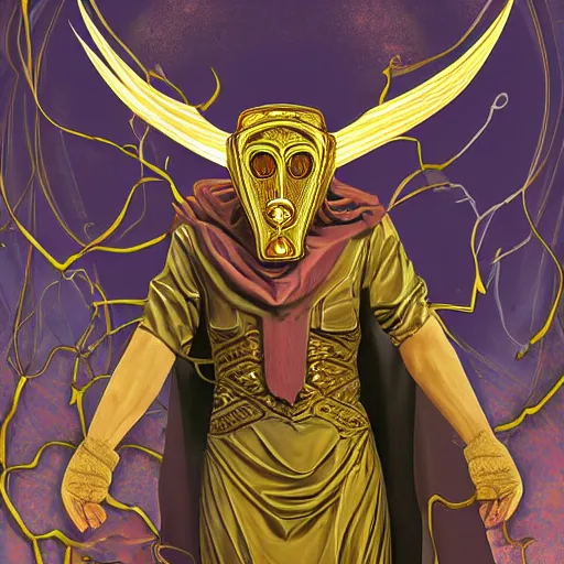 Prompt: the veiled arcanist prophet as a man with a golden cultist mask in bloodsoaked land by greg rutowski