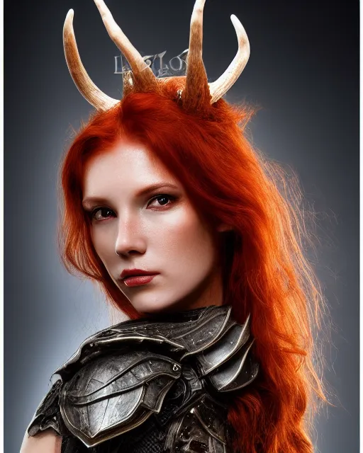 Prompt: 5 5 mm portrait photo of an armored redhead woman with ( antlers on her head ) and a an ( iguana on her shoulder ), by luis royo. highly detailed 8 k. intricate. lifelike. soft light. nikon d 8 5 0. cinematic post - processing