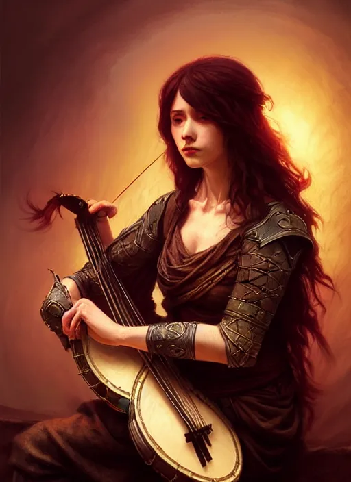 Prompt: bard playing lute, full body, hyper realistic, extremely detailed, dnd character art portrait, dark fantasy art, intricate fantasy painting, dramatic lighting, vivid colors, deviantart, artstation, by clyde caldwell and krenz cushart and artem demura and john williams waterhouse