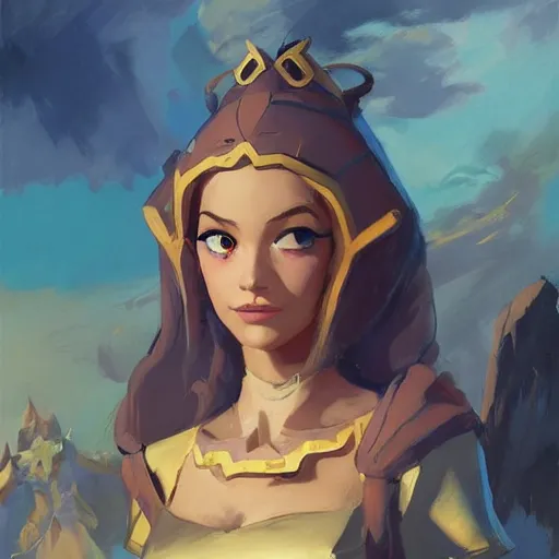 Image similar to greg manchess portrait of zelda as disney character, matte painting, bold shapes, hard edges, by huang guangjian, gil elvgren, sachin teng. in a beautiful landscape full of emotions, cgsociety masterpiece, artstation trending, by rossdraws, ghibli, kimi no na wa, greg rutkowski, simon stalberg, greg manchess