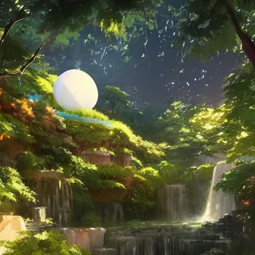 Image similar to geodesic dome with gardens and waterfall, gapmoe kuudere moody lighting stunning bokeh highlights sharp contrast | trending pixiv fanbox | by greg rutkowski makoto shinkai takashi takeuchi studio ghibli