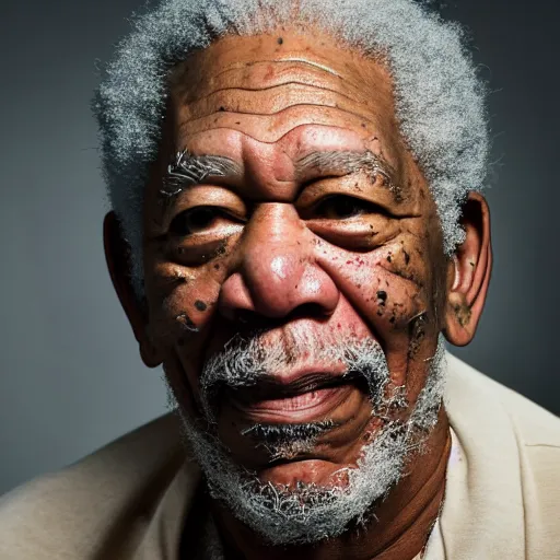 Image similar to a studio photograph of Morgan Freeman dressed as Travis Scott, 40mm lens, shallow depth of field, split lighting